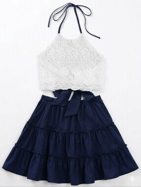 Girls White Lace Halter Top & Navy Tiered Skirt Set